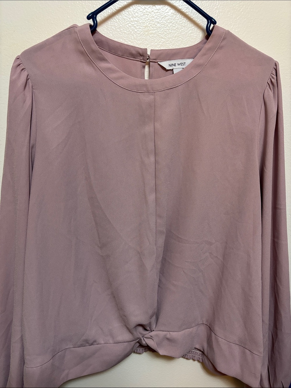 Nine West Mauve Twist-Hem Long Sleeve Blouse